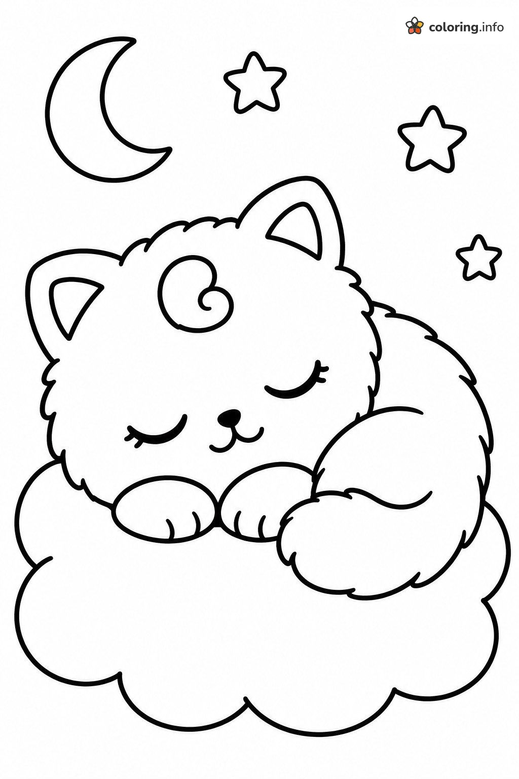 Sleepy Unikitty-Style Kitten on a Cloud With Moon and Stars coloring sheet Sleepy Unikitty-Style Kitten on a Cloud With Moon and Stars coloring sheet