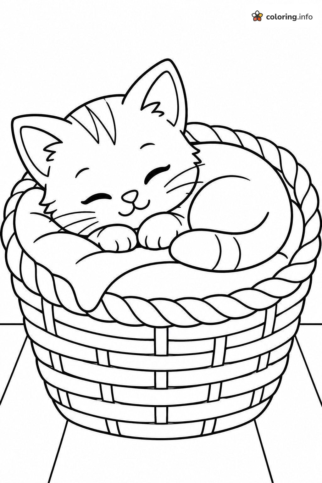 Sleepy Kitten in a Basket, Cute and Curled Up coloring page Sleepy Kitten in a Basket, Cute and Curled Up coloring page