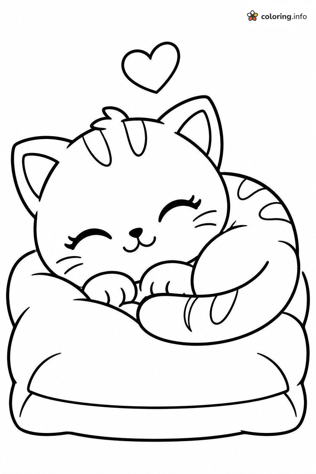 Sleepy Kitten on a Puffy Cushion, Draw So Cute style coloring page Sleepy Kitten on a Puffy Cushion, Draw So Cute style coloring page