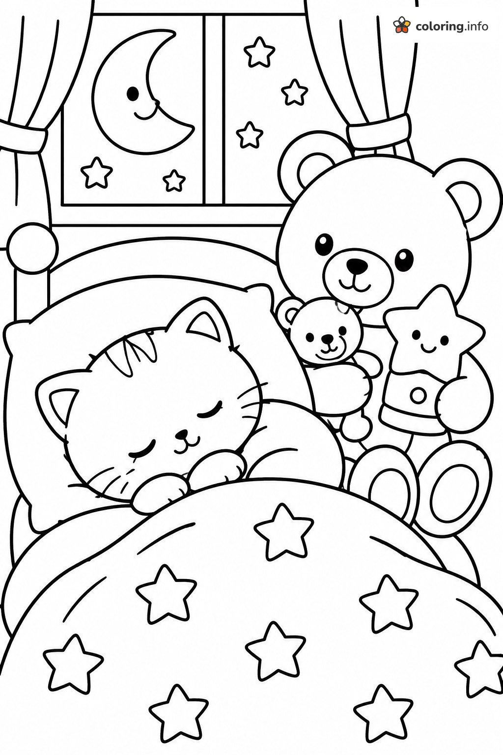 Bedtime Kitten and Teddy Bears Under a Star Blanket, Disney Tsum Tsum printable coloring page Bedtime Kitten and Teddy Bears Under a Star Blanket, Disney Tsum Tsum printable coloring page