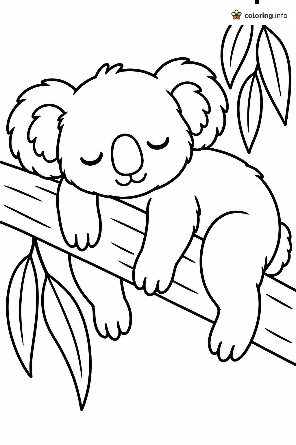 Koala Napping Across a Thick Branch coloring page Koala Napping Across a Thick Branch coloring page