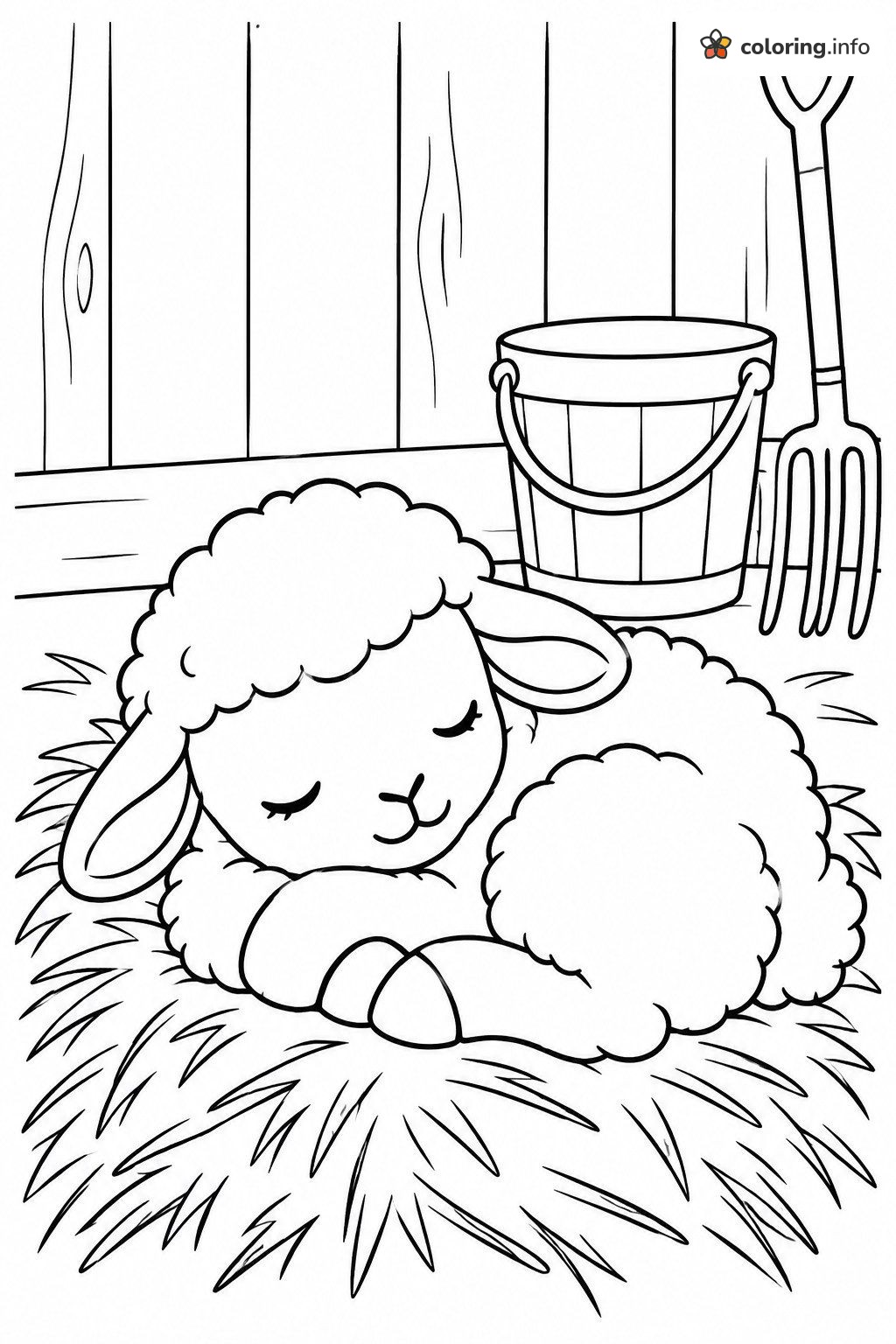 Sleepy Sheep Curled Up on Hay in the Barn coloring page Sleepy Sheep Curled Up on Hay in the Barn coloring page