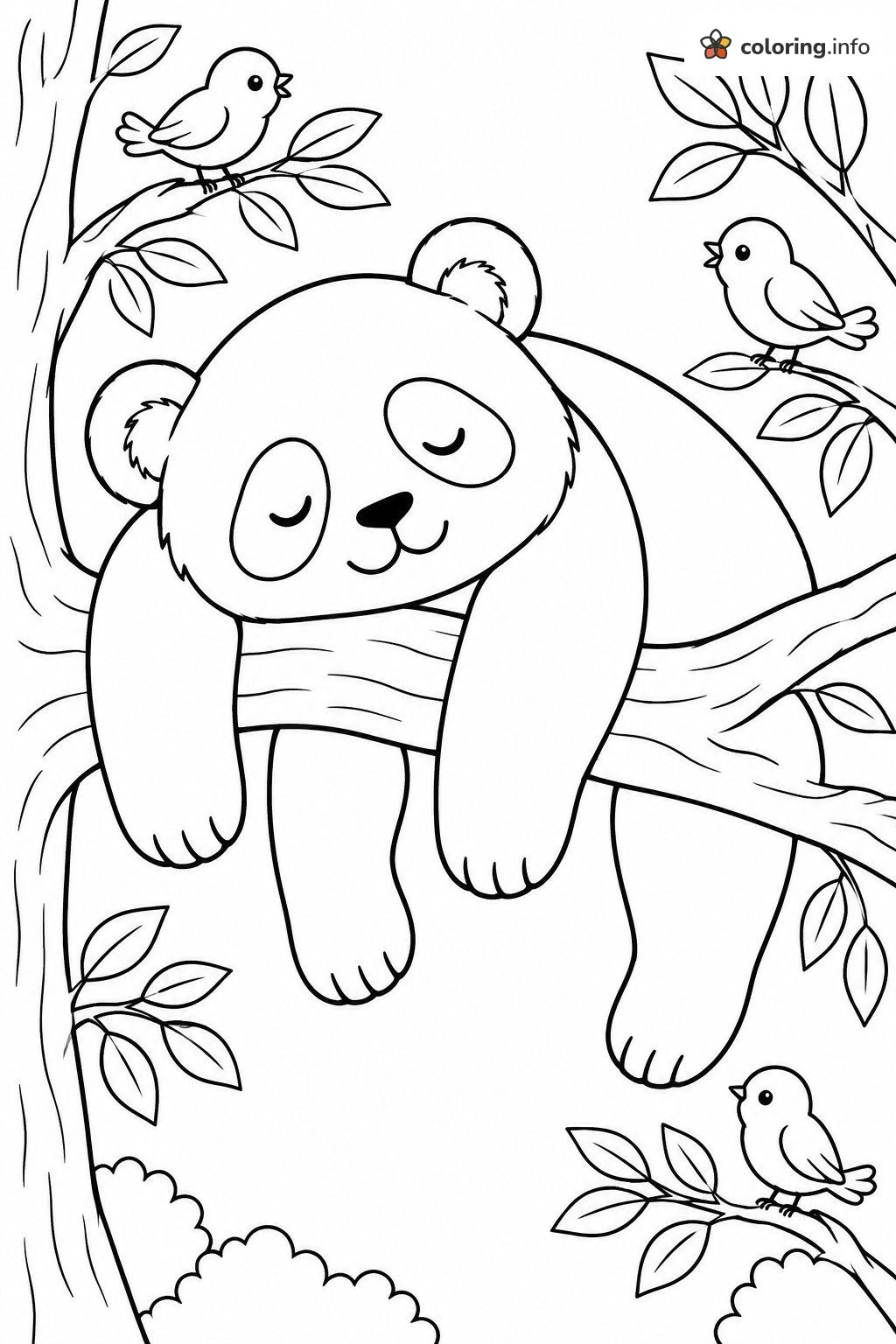 Snoozing Panda on a Branch With Three Little Birds coloring page Snoozing Panda on a Branch With Three Little Birds coloring page