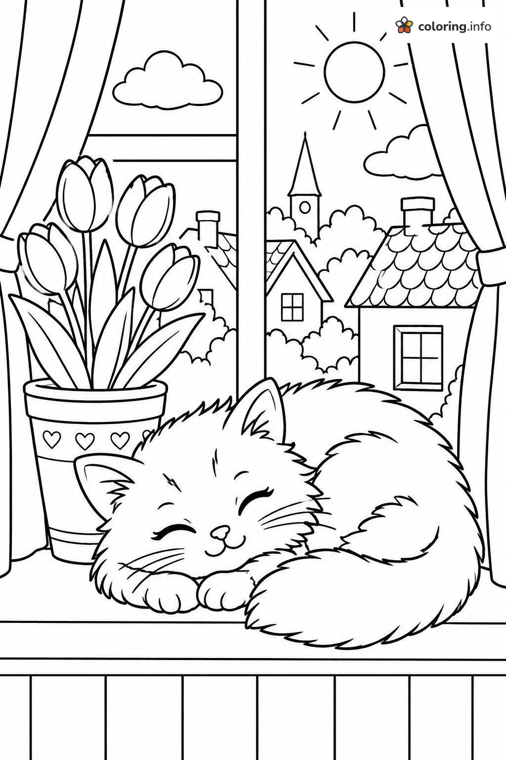 Cozy Sleeping Kitten Color by Number (Adult) Window Scene coloring page Cozy Sleeping Kitten Color by Number (Adult) Window Scene coloring page