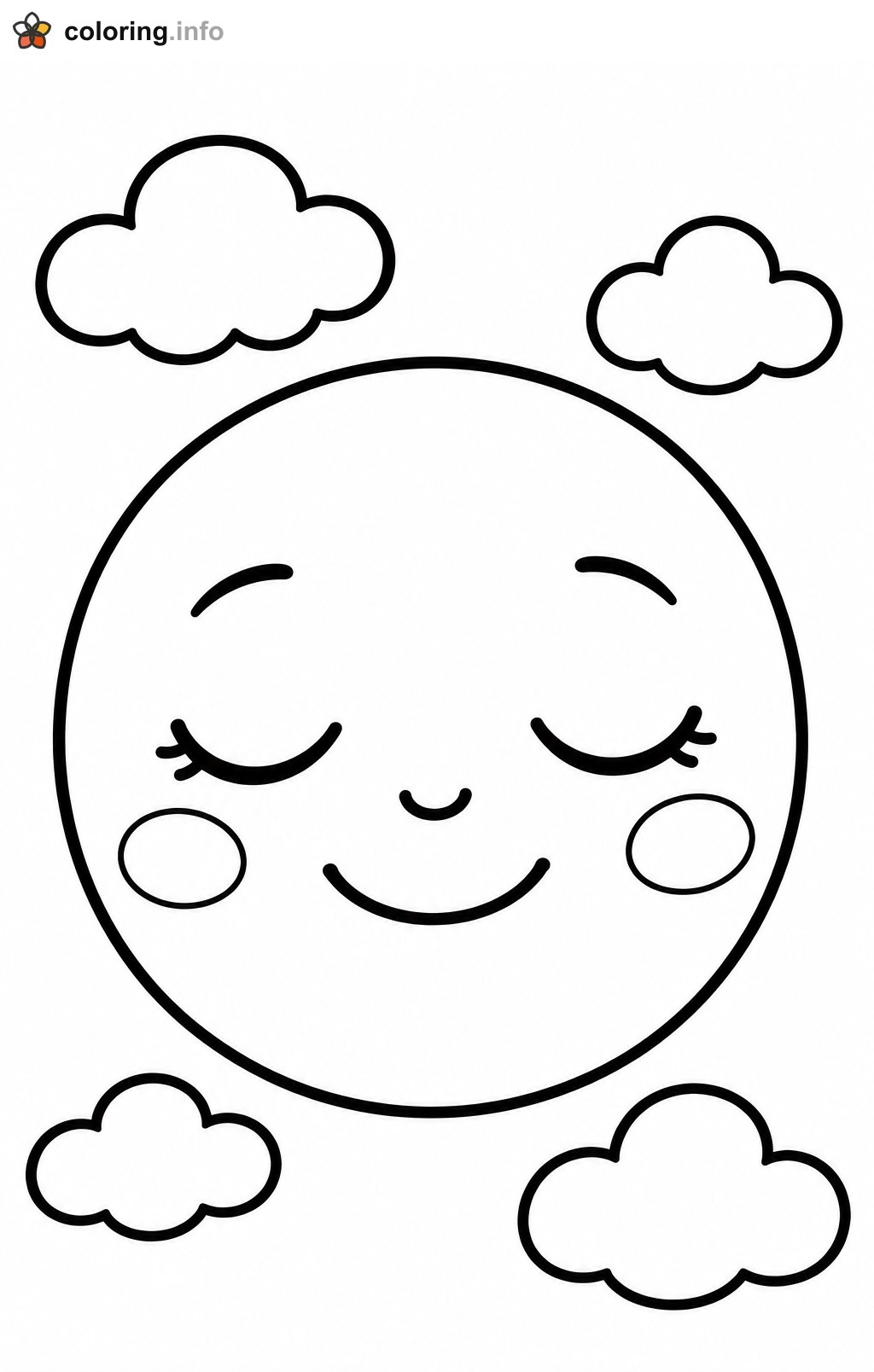 Sleepy Smiling Moon Face With Four Clouds printable coloring page Sleepy Smiling Moon Face With Four Clouds printable coloring page