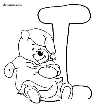 Bedtime Winnie the Pooh in a Nightcap Next to Letter I printable coloring page Bedtime Winnie the Pooh in a Nightcap Next to Letter I printable coloring page