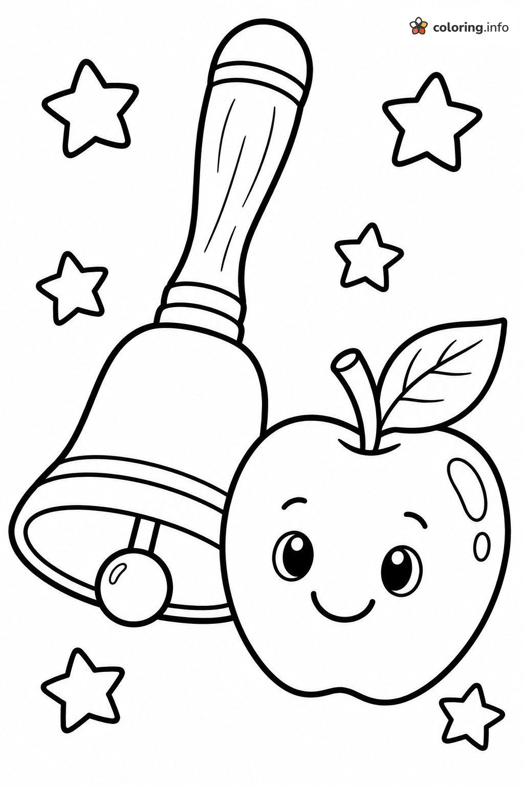 Apple and Hand Bell with Stars for Back to School coloring page Apple and Hand Bell with Stars for Back to School coloring page