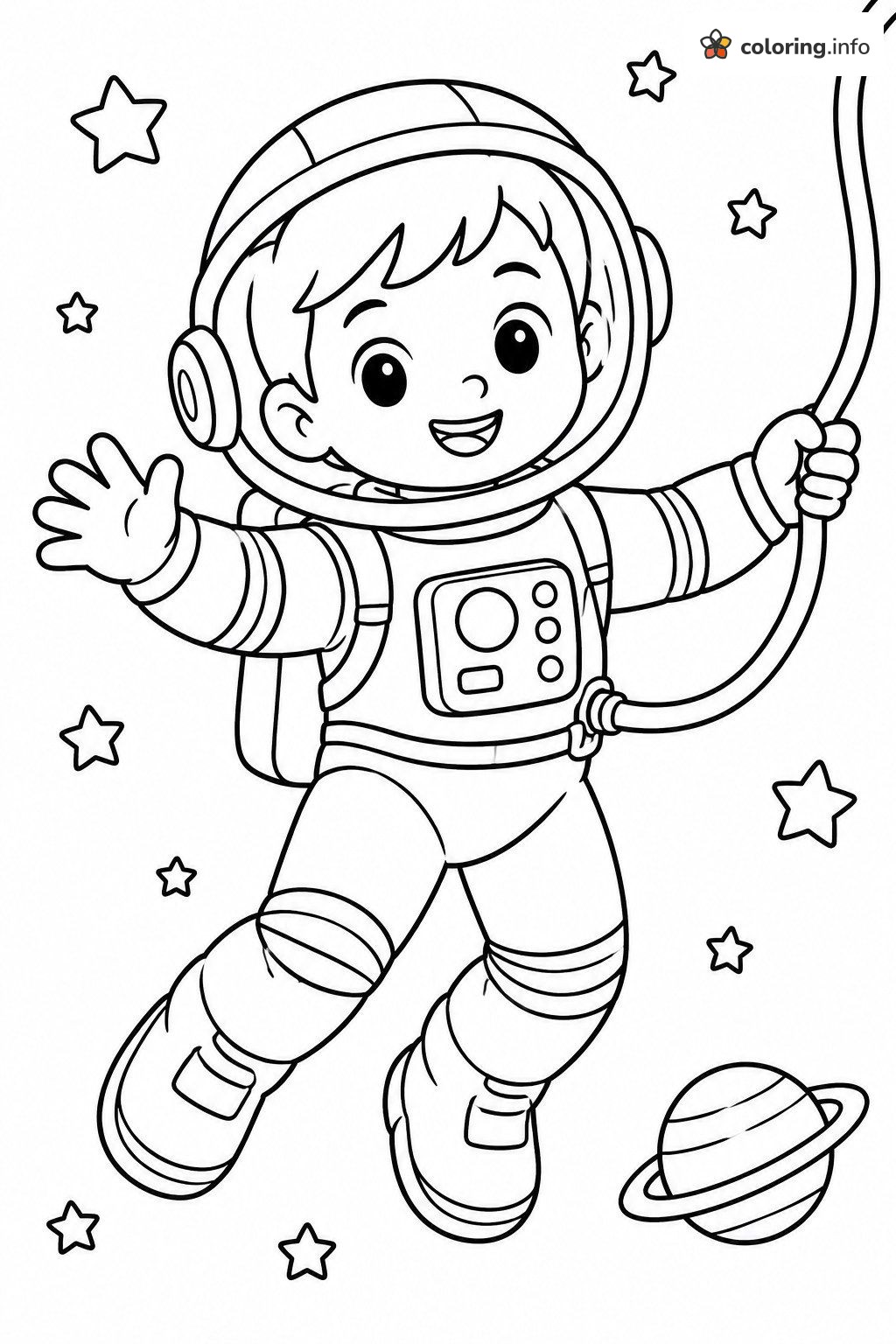 Waving Astronaut Boy Floating Through Solar System & Space coloring page Waving Astronaut Boy Floating Through Solar System & Space coloring page