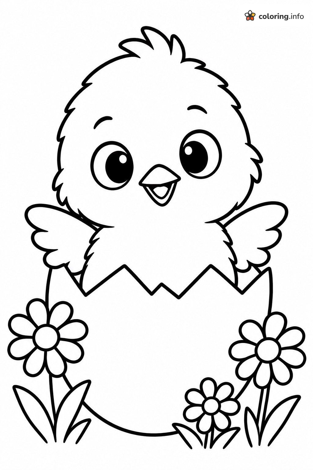 Baby Chick Hatching with Daisies and a Big Smile coloring page Baby Chick Hatching with Daisies and a Big Smile coloring page
