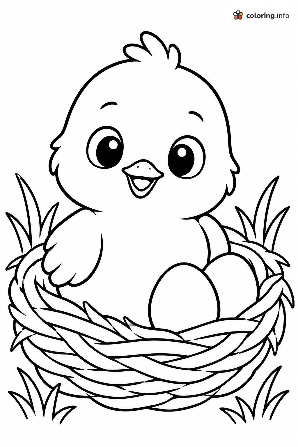 Fluffy Baby Chick Sitting in a Twig Nest with Two Eggs coloring page Fluffy Baby Chick Sitting in a Twig Nest with Two Eggs coloring page