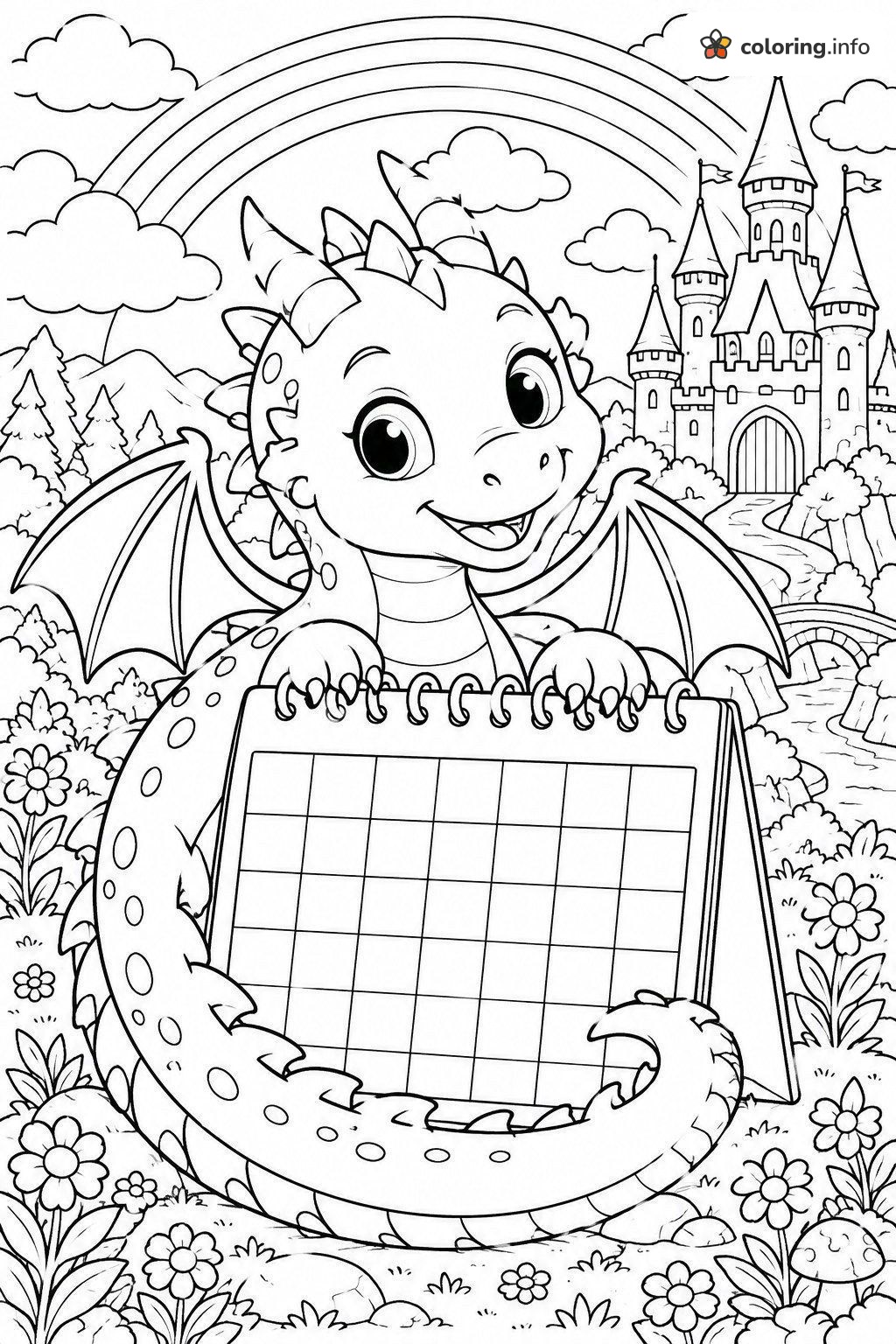 Baby Dragon with Blank Calendar by the Castle coloring page Baby Dragon with Blank Calendar by the Castle coloring page