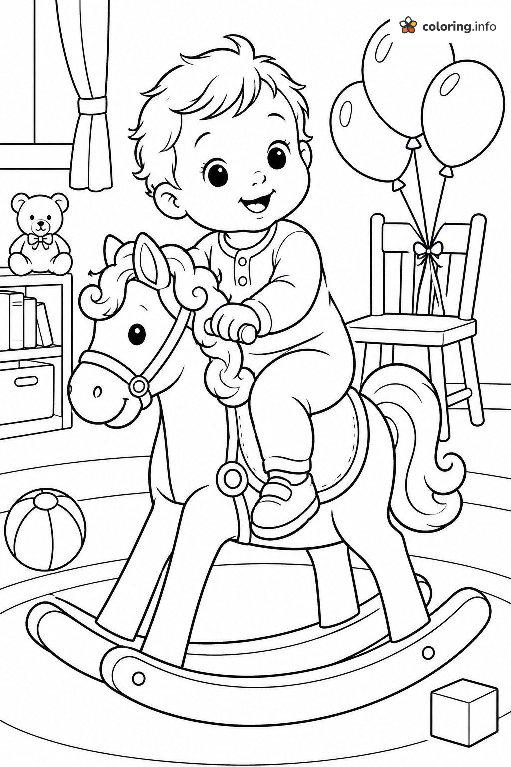 Rocking Horse Ride for a Smiling Baby in the Playroom printable coloring page Rocking Horse Ride for a Smiling Baby in the Playroom printable coloring page