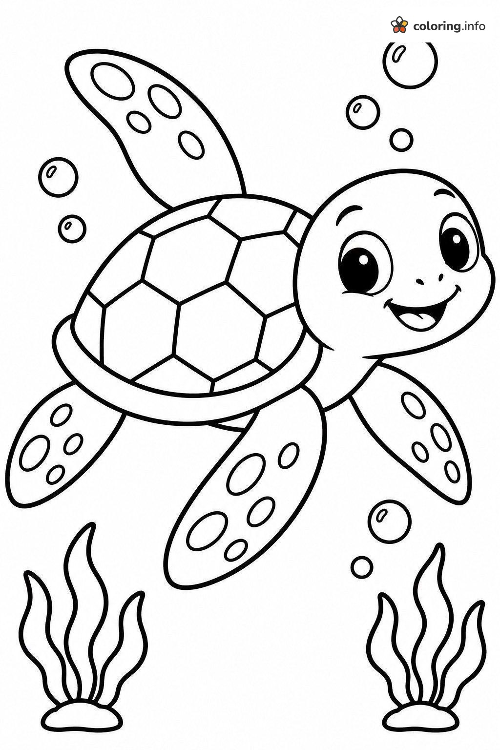 Baby Sea Turtle Swimming Past Bubbles and Seaweed, Sea Animals (General) printable coloring page Baby Sea Turtle Swimming Past Bubbles and Seaweed, Sea Animals (General) printable coloring page