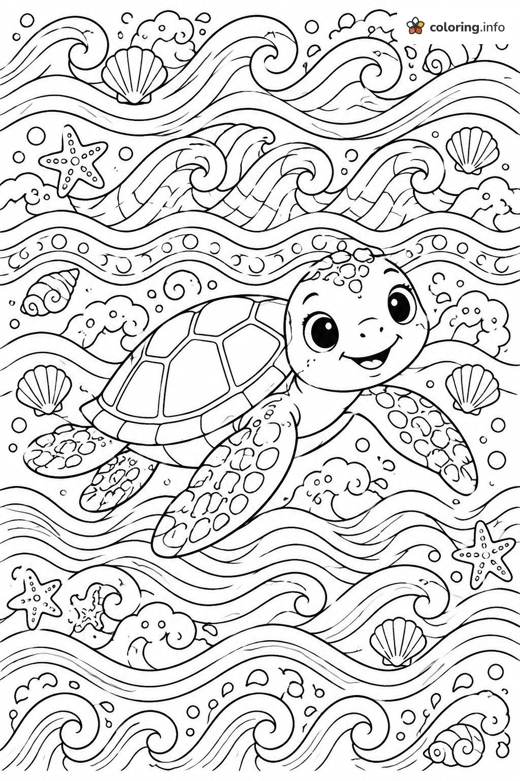 Baby Sea Turtle Paddling Through Ocean Waves coloring page Baby Sea Turtle Paddling Through Ocean Waves coloring page