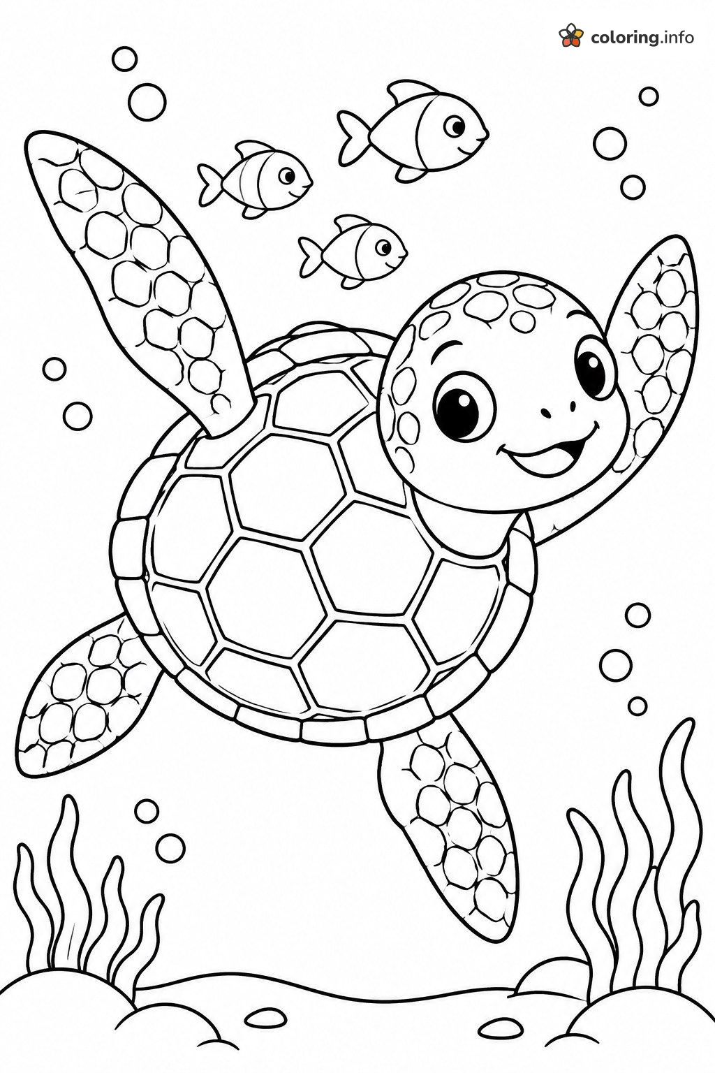 Waving Baby Sea Turtle With Three Fish, Sea Animals (General) Page coloring page Waving Baby Sea Turtle With Three Fish, Sea Animals (General) Page coloring page