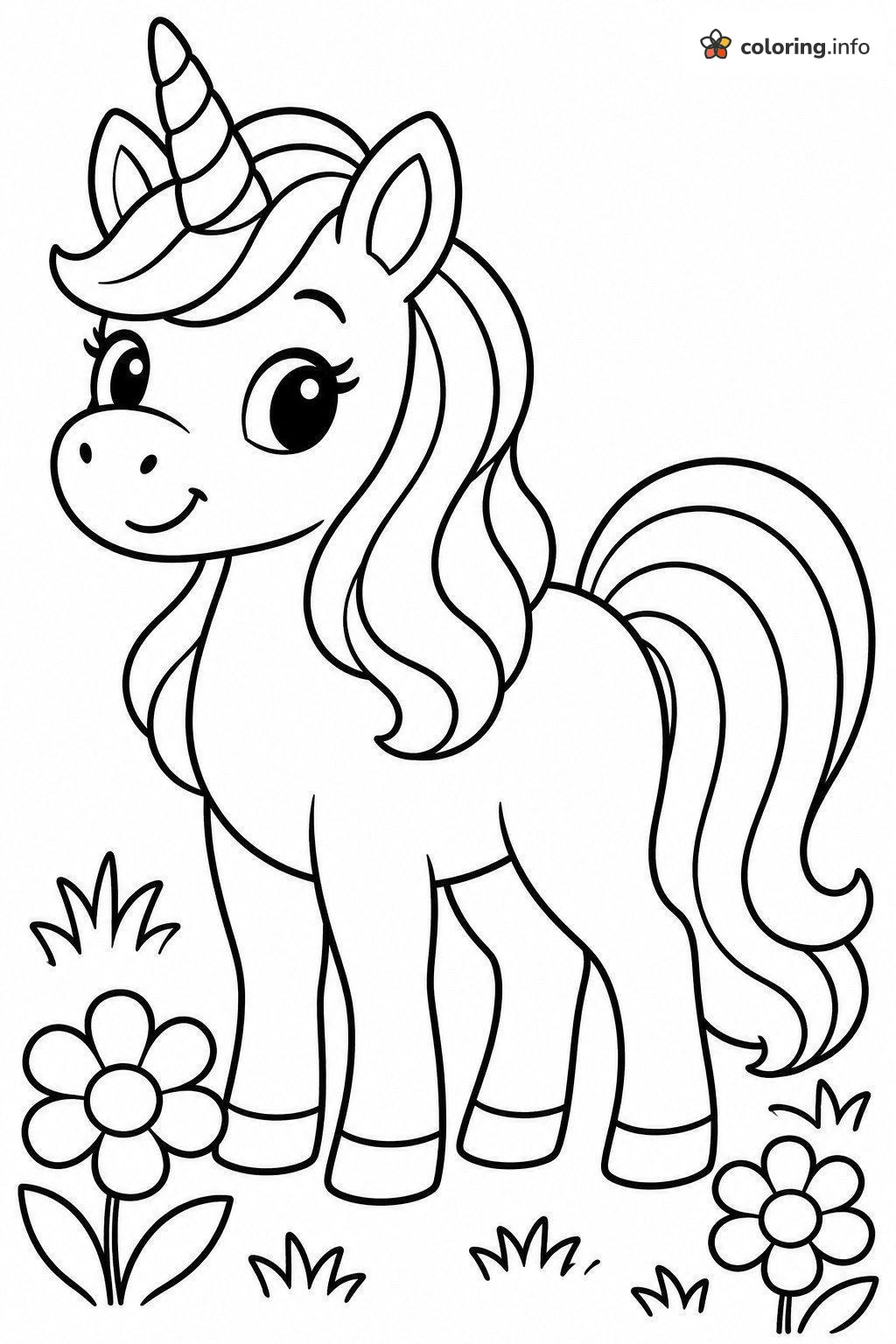 Happy Standing Unicorns with Daisies and Grass coloring page Happy Standing Unicorns with Daisies and Grass coloring page