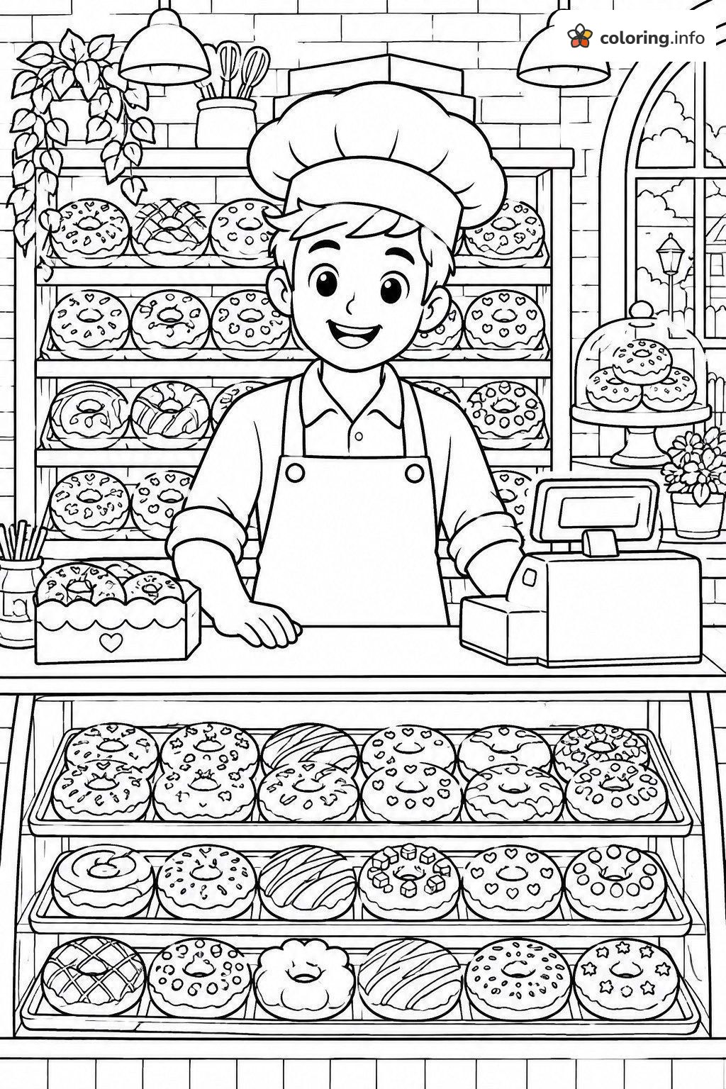 Friendly Baker Behind the Donut Shop Counter coloring sheet Friendly Baker Behind the Donut Shop Counter coloring sheet