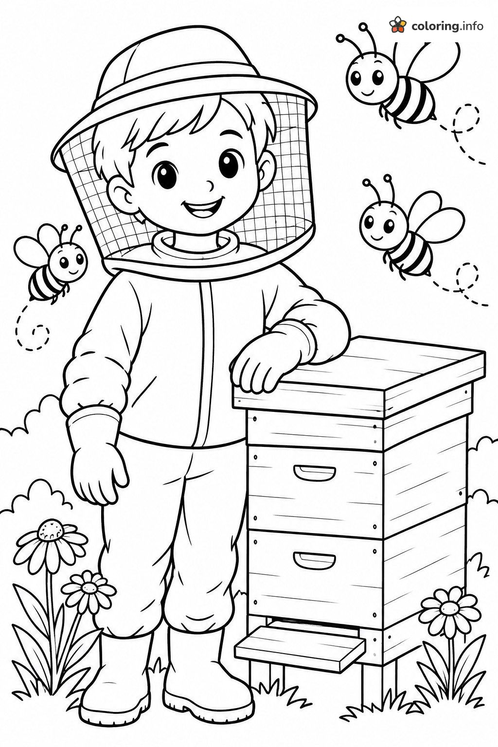 Beekeeper Boy and Three Bees by the Hive printable coloring page Beekeeper Boy and Three Bees by the Hive printable coloring page