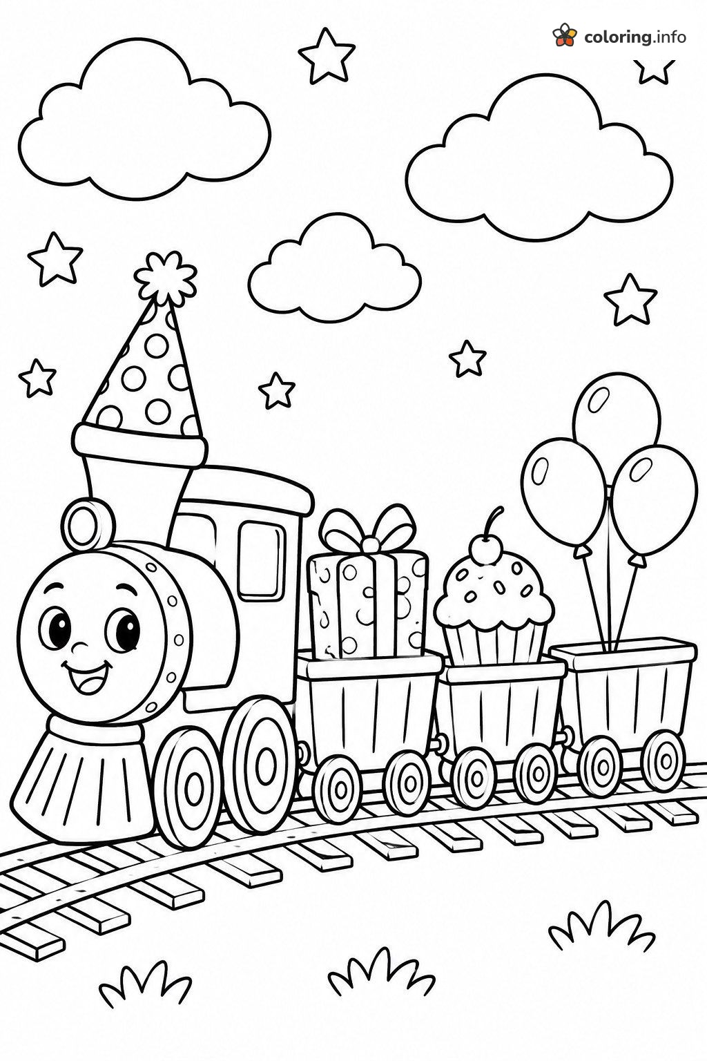Smiling Train Rolling Along for Happy Birthday coloring page Smiling Train Rolling Along for Happy Birthday coloring page