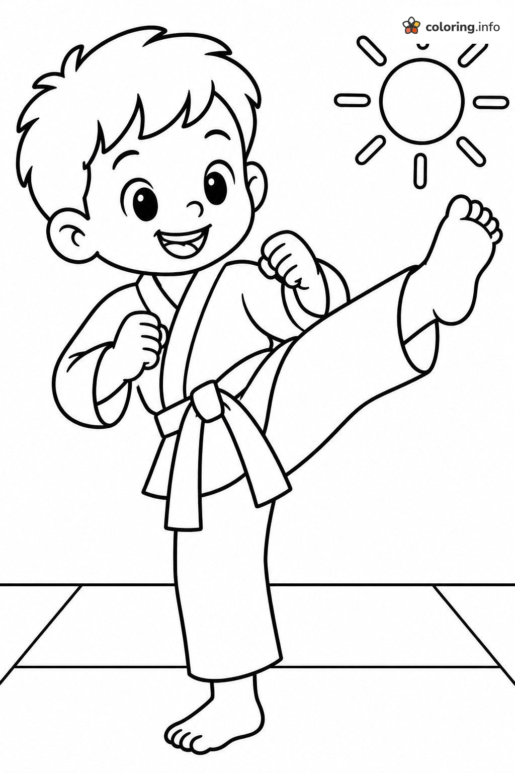 Grinning Boy Side Kick in Martial Arts Class coloring sheet Grinning Boy Side Kick in Martial Arts Class coloring sheet