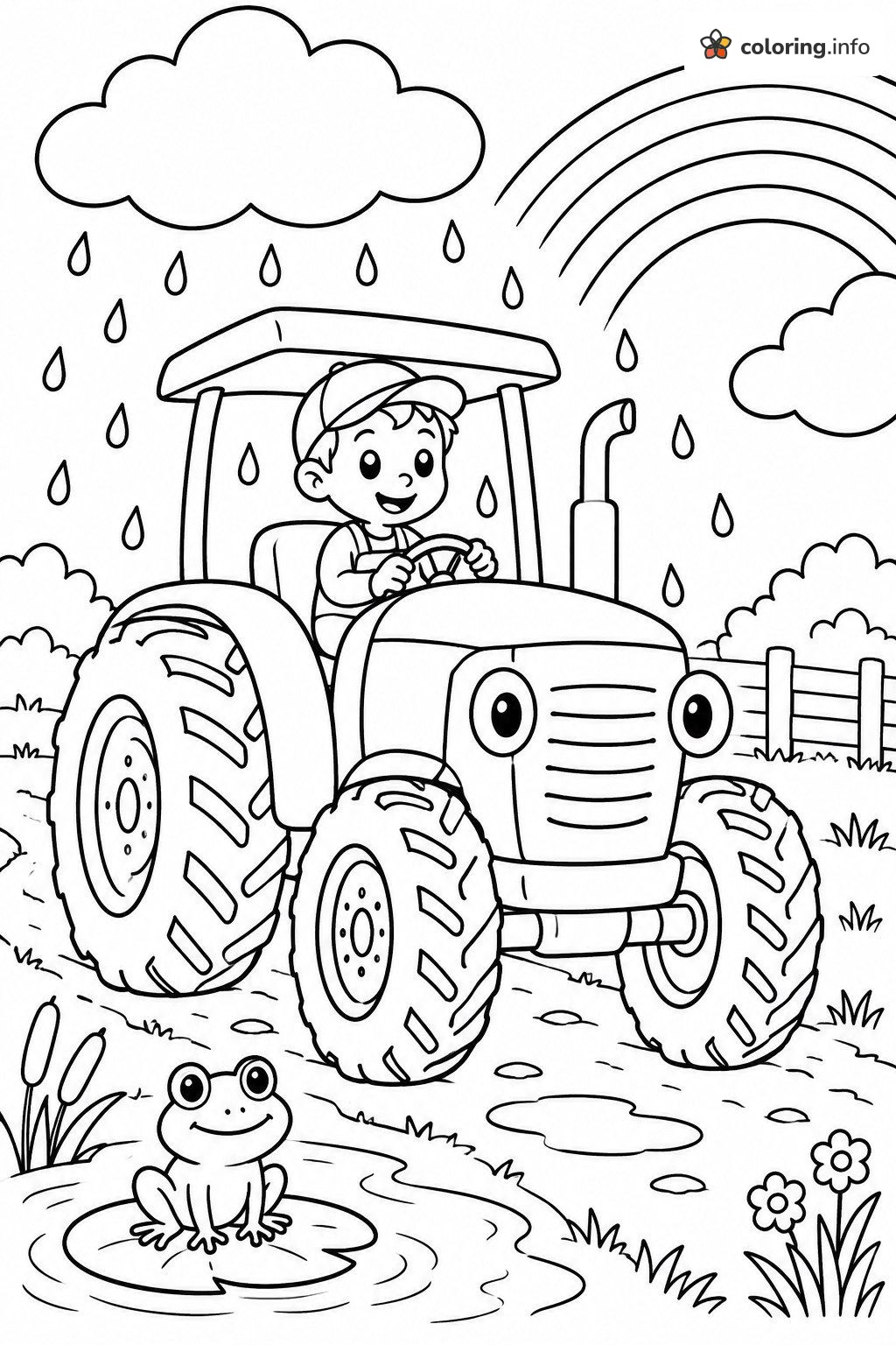 Rainy Day Tractor Ride With Rainbow and Frog coloring sheet Rainy Day Tractor Ride With Rainbow and Frog coloring sheet