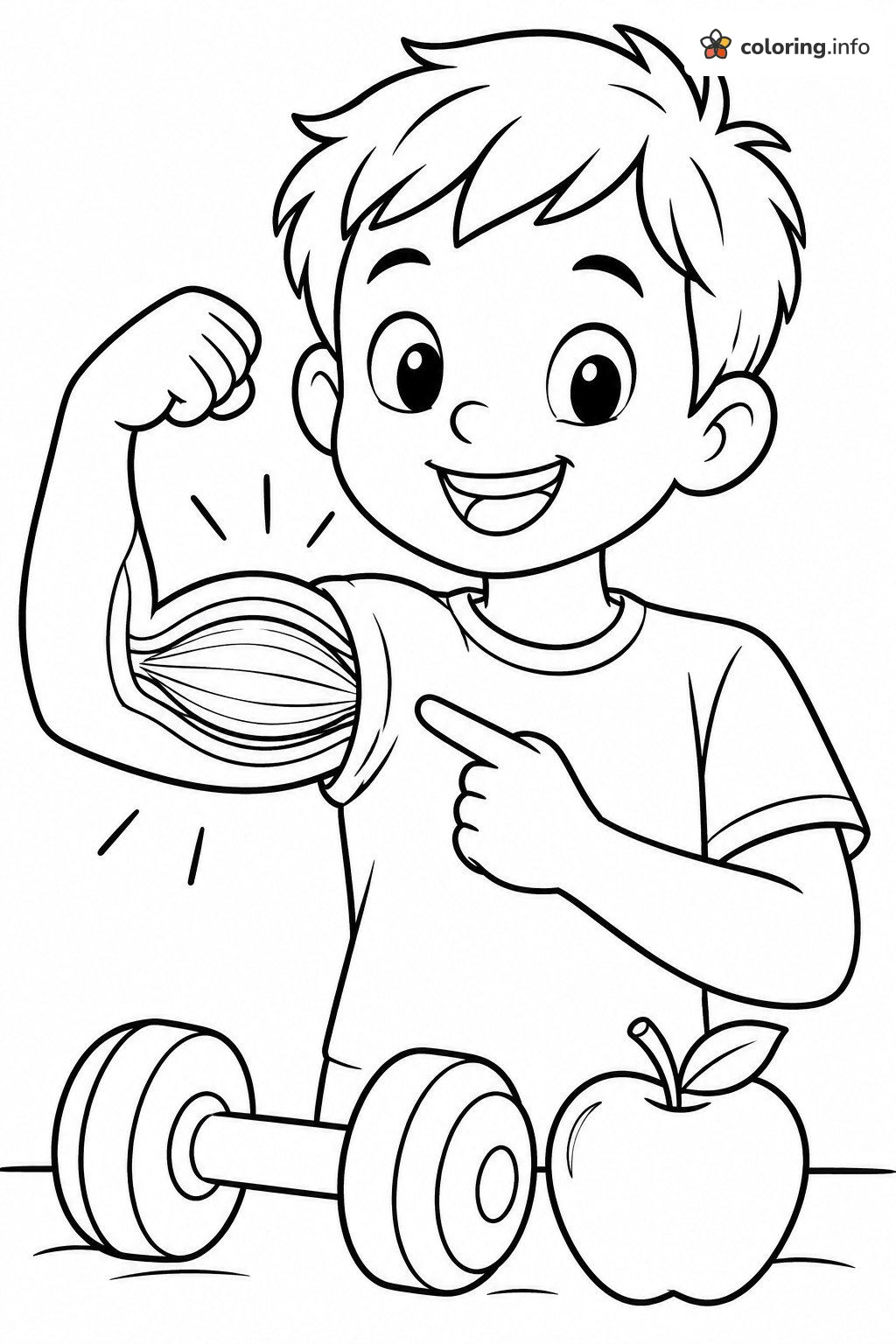 Boy Flexing Bicep Anatomy Coloring Sheet With Dumbbell and Apple coloring page Boy Flexing Bicep Anatomy Coloring Sheet With Dumbbell and Apple coloring page