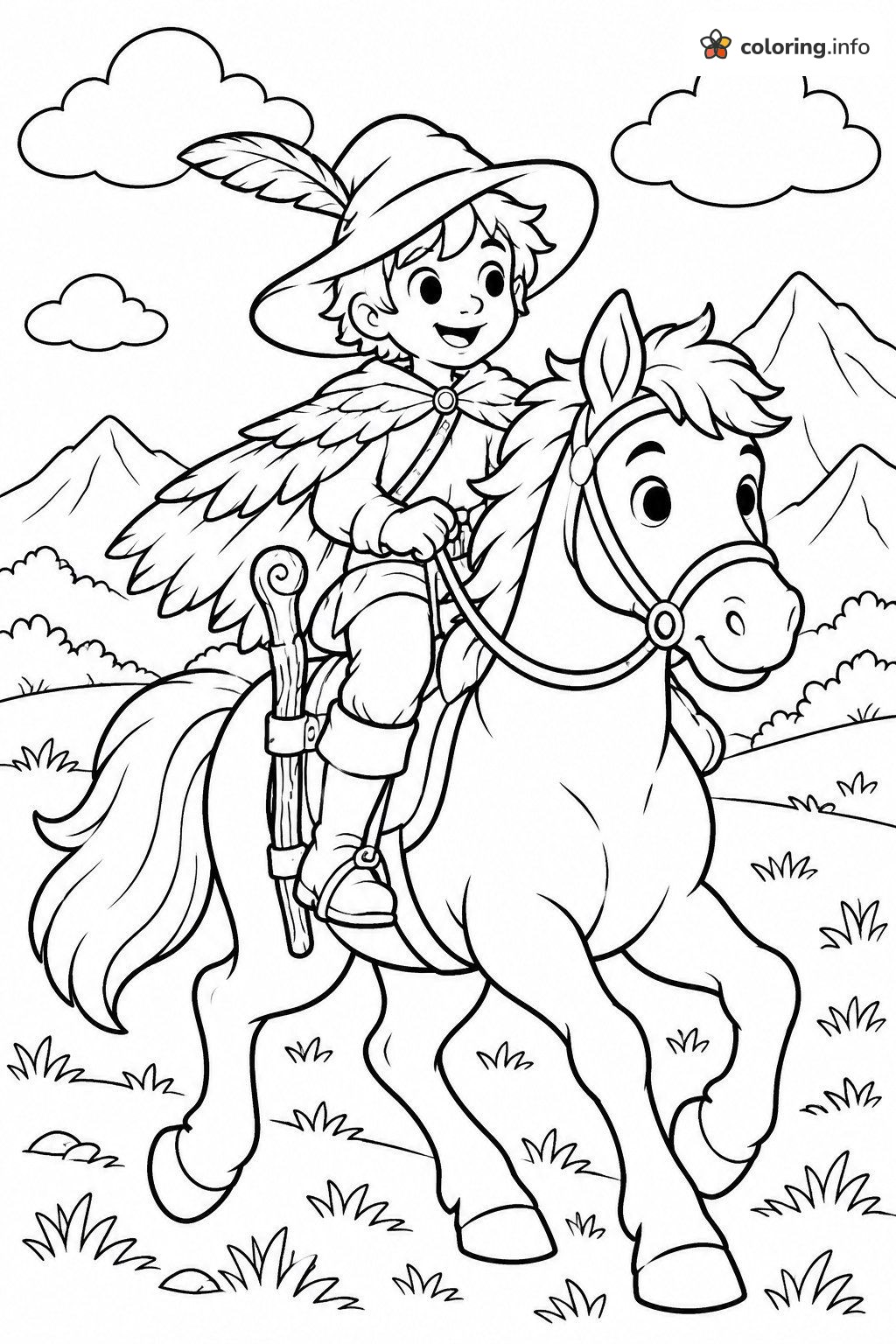 The Legend of Zelda Rider in a Feathered Hat on a Trotting Horse coloring sheet The Legend of Zelda Rider in a Feathered Hat on a Trotting Horse coloring sheet