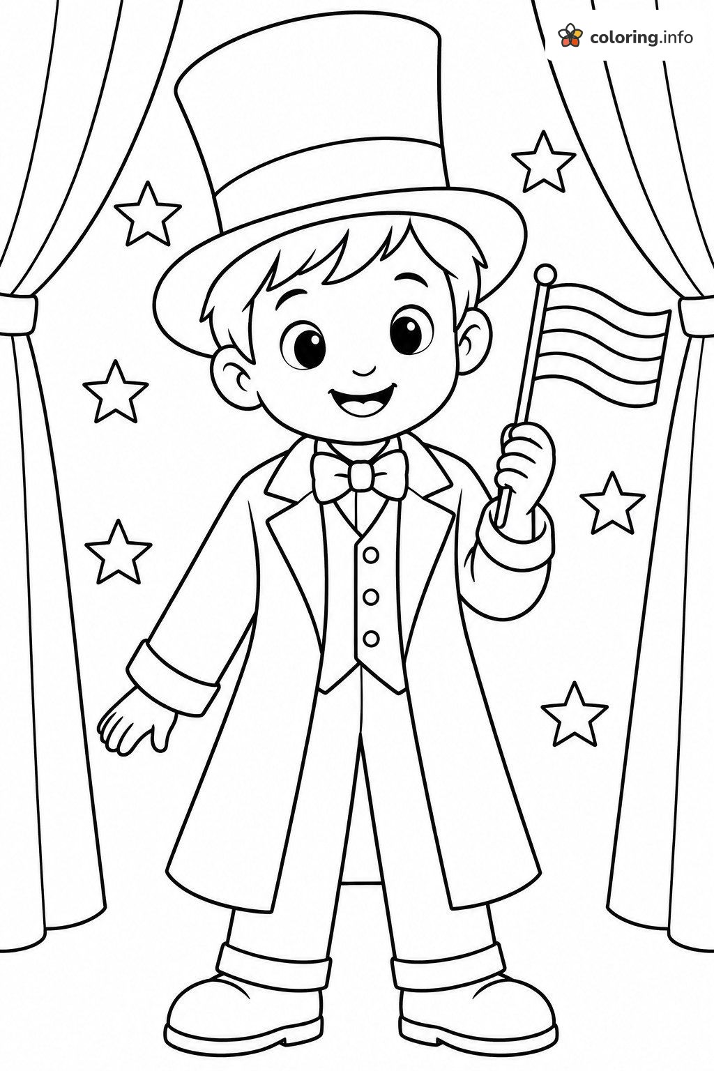 Cheerful Boy in Top Hat on Stage, Presidents' Day Page coloring page Cheerful Boy in Top Hat on Stage, Presidents' Day Page coloring page