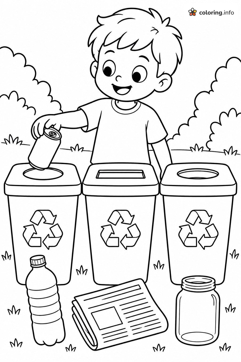 Recycling Boy and Three Bins for Earth Day coloring page Recycling Boy and Three Bins for Earth Day coloring page