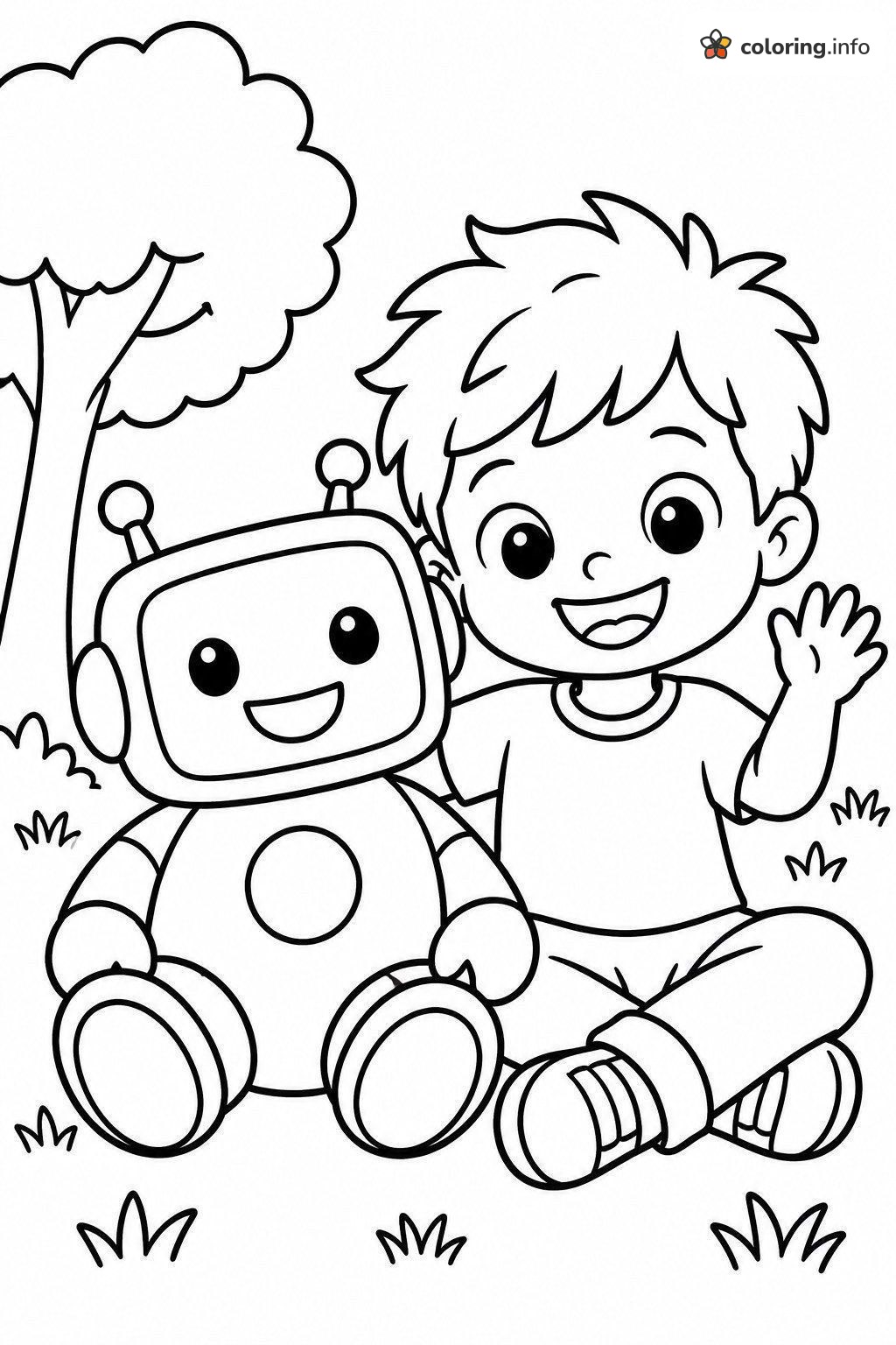 Waving Boy and Robot Friend Under a Tree, Big Hero 6 Page coloring page Waving Boy and Robot Friend Under a Tree, Big Hero 6 Page coloring page