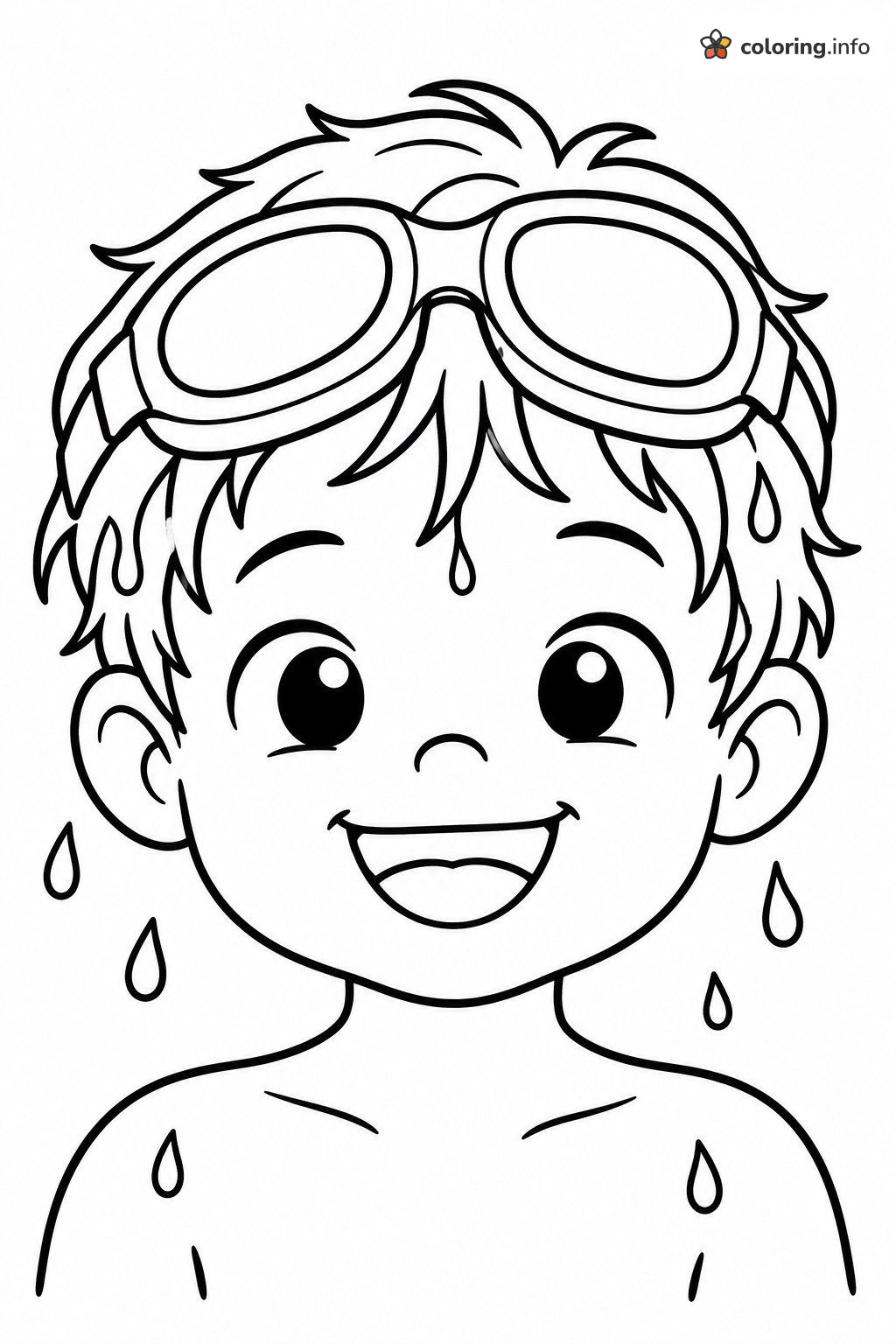 Dripping Boy With Goggles on His Head, Fresh From Swimming coloring page Dripping Boy With Goggles on His Head, Fresh From Swimming coloring page