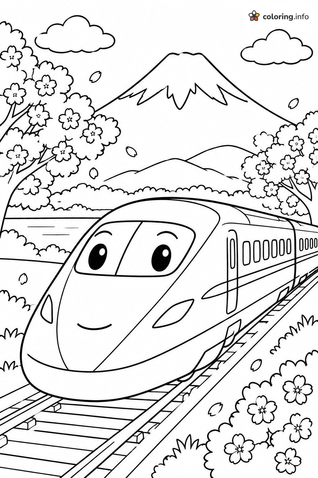 Cherry Blossom Bullet Train Racing Toward a Snowy Mountain coloring page Cherry Blossom Bullet Train Racing Toward a Snowy Mountain coloring page