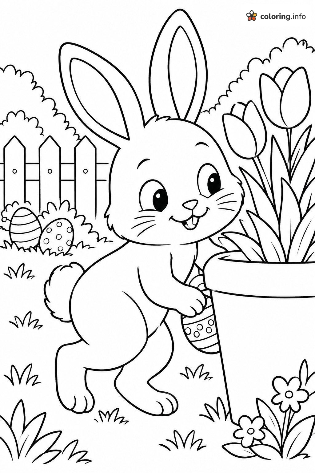 Peekaboo Bunny With Tulip Pot, Easter for Kids Coloring Page Peekaboo Bunny With Tulip Pot, Easter for Kids Coloring Page