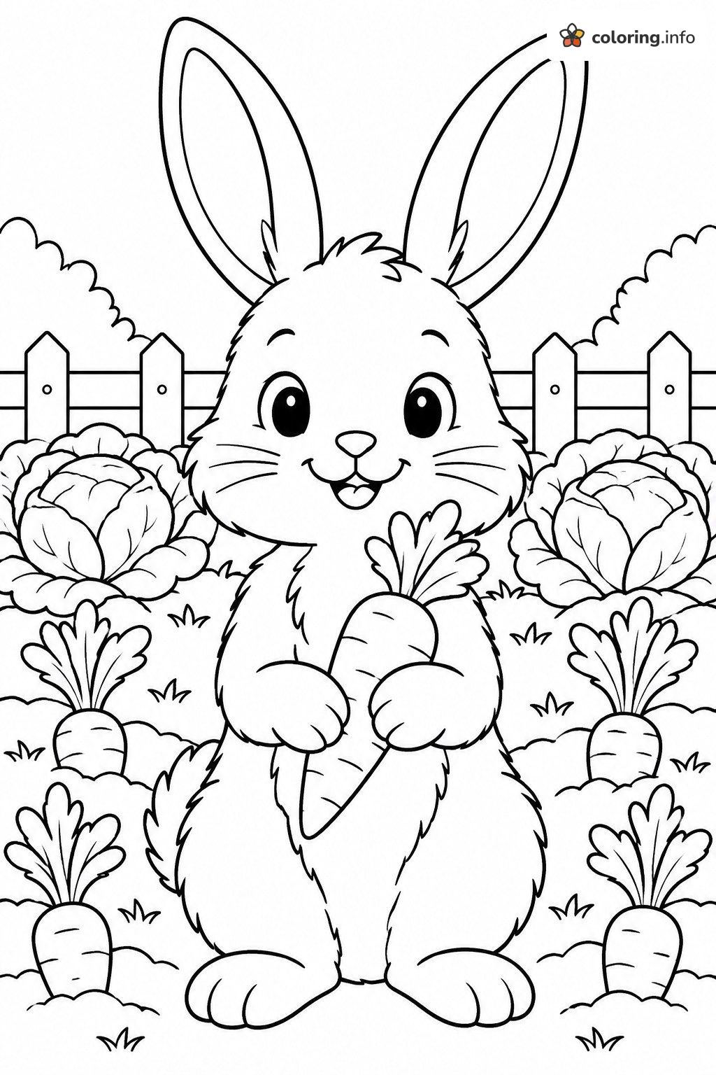 Bunny Hugging a Carrot in the Garden, Animals Coloring Page Bunny Hugging a Carrot in the Garden, Animals Coloring Page