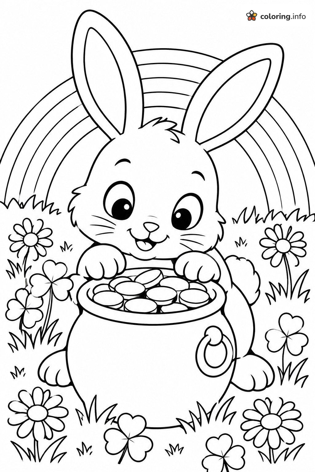 Bunny Peeking Into a Pot of Gold Coins: Rainbow & Pot of Gold (St. Patrick's) Spring Page coloring page Bunny Peeking Into a Pot of Gold Coins: Rainbow & Pot of Gold (St. Patrick's) Spring Page coloring page