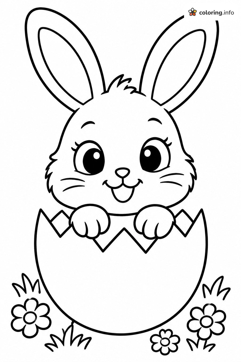 Smiling Bunny Hatching from a Cracked Easter Egg printable coloring page Smiling Bunny Hatching from a Cracked Easter Egg printable coloring page