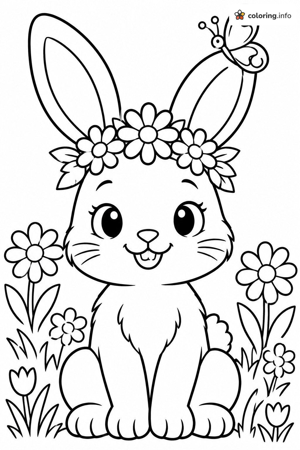 Flower Crown Easter Bunny and a Butterfly coloring page Flower Crown Easter Bunny and a Butterfly coloring page