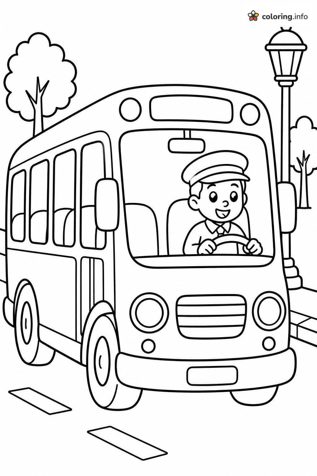 Cheerful City Bus Driver at the Wheel coloring page Cheerful City Bus Driver at the Wheel coloring page