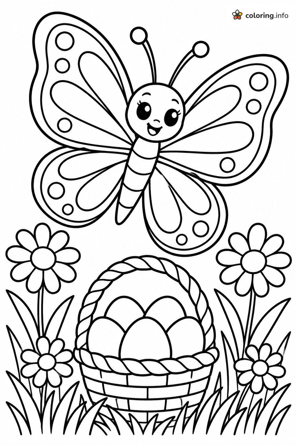 Butterfly Flying Over an Easter Basket and Daisies coloring sheet Butterfly Flying Over an Easter Basket and Daisies coloring sheet