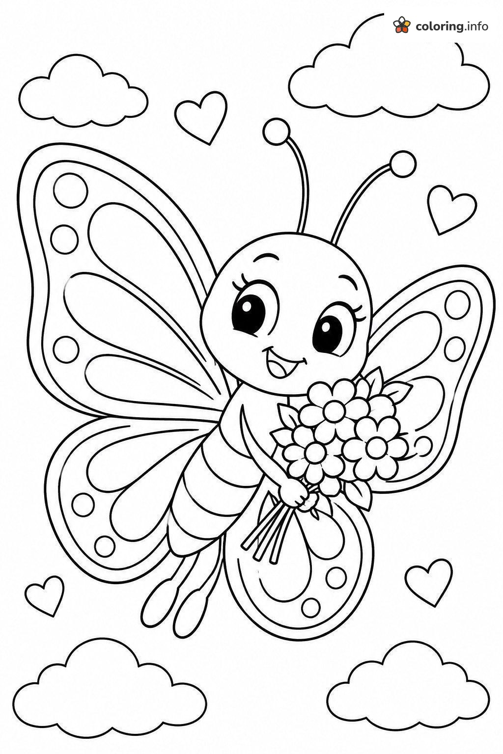 Bouquet-Hugging Butterfly With Hearts and Clouds coloring sheet Bouquet-Hugging Butterfly With Hearts and Clouds coloring sheet