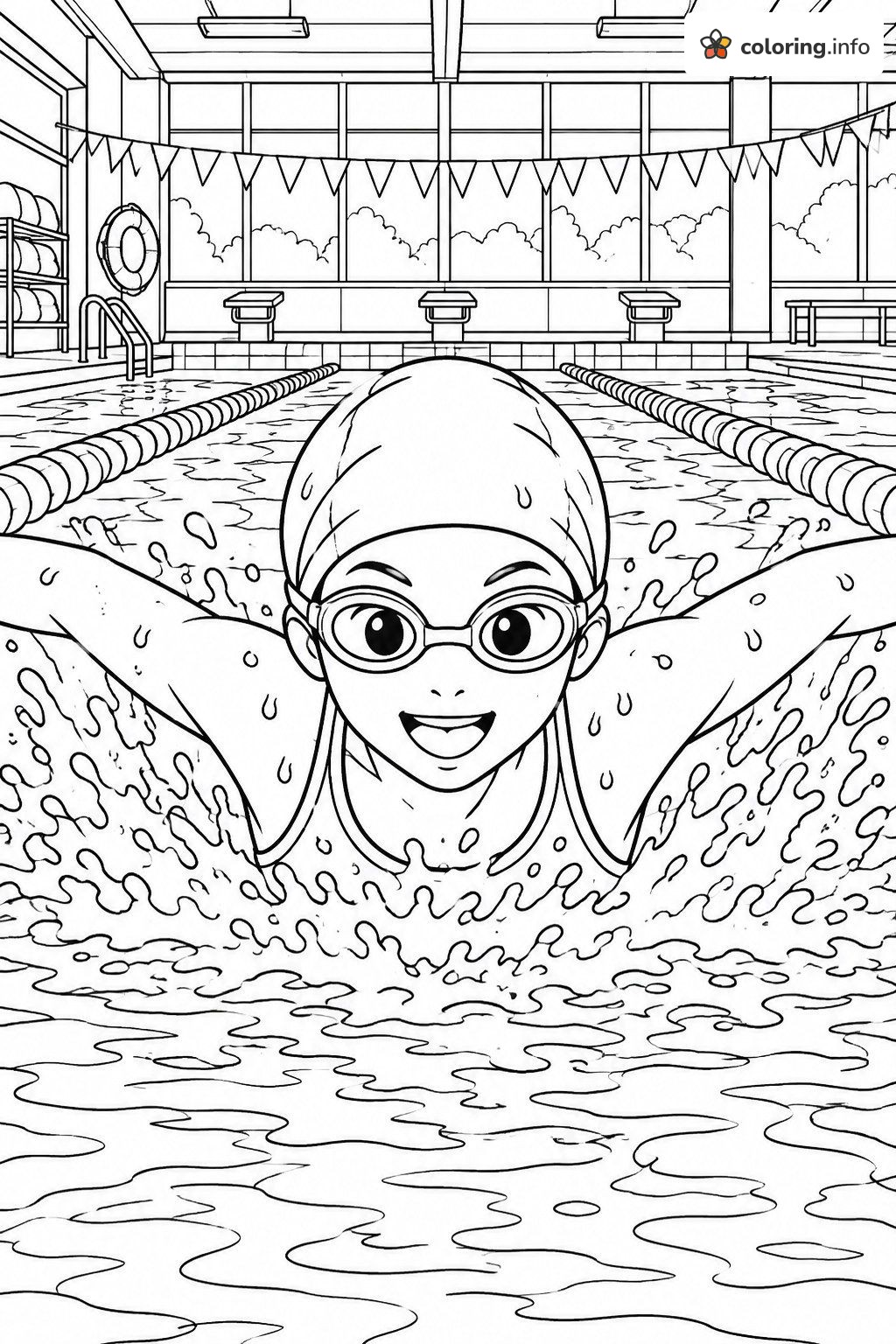Butterfly Stroke Swimming in an Indoor Pool With Lane Ropes coloring page Butterfly Stroke Swimming in an Indoor Pool With Lane Ropes coloring page