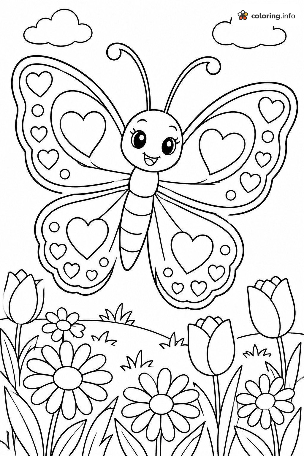 Butterfly Wings Full of Hearts Over a Meadow coloring page Butterfly Wings Full of Hearts Over a Meadow coloring page