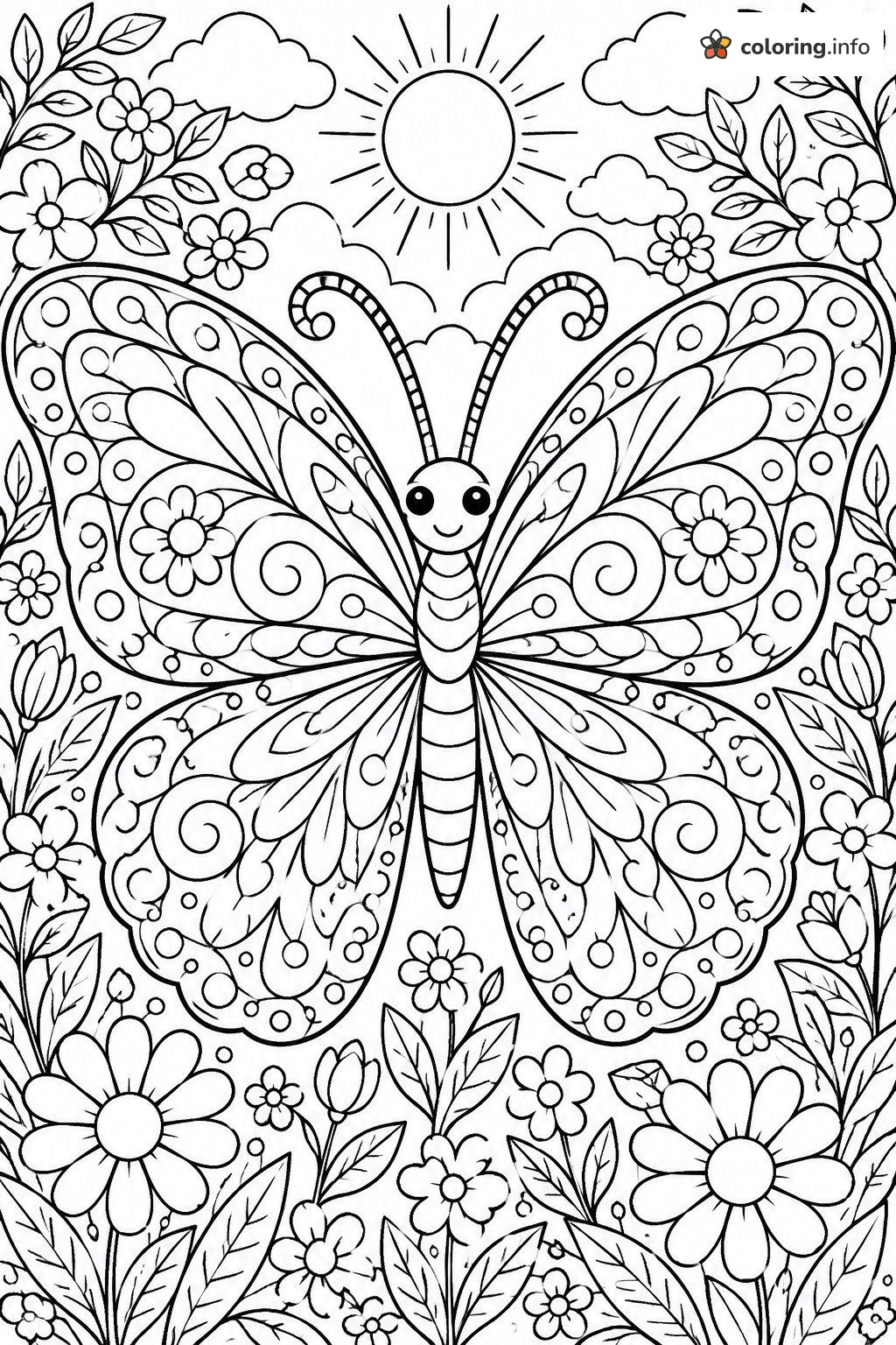 Detailed Garden Scene with a Big Patterned Butterfly coloring page Detailed Garden Scene with a Big Patterned Butterfly coloring page