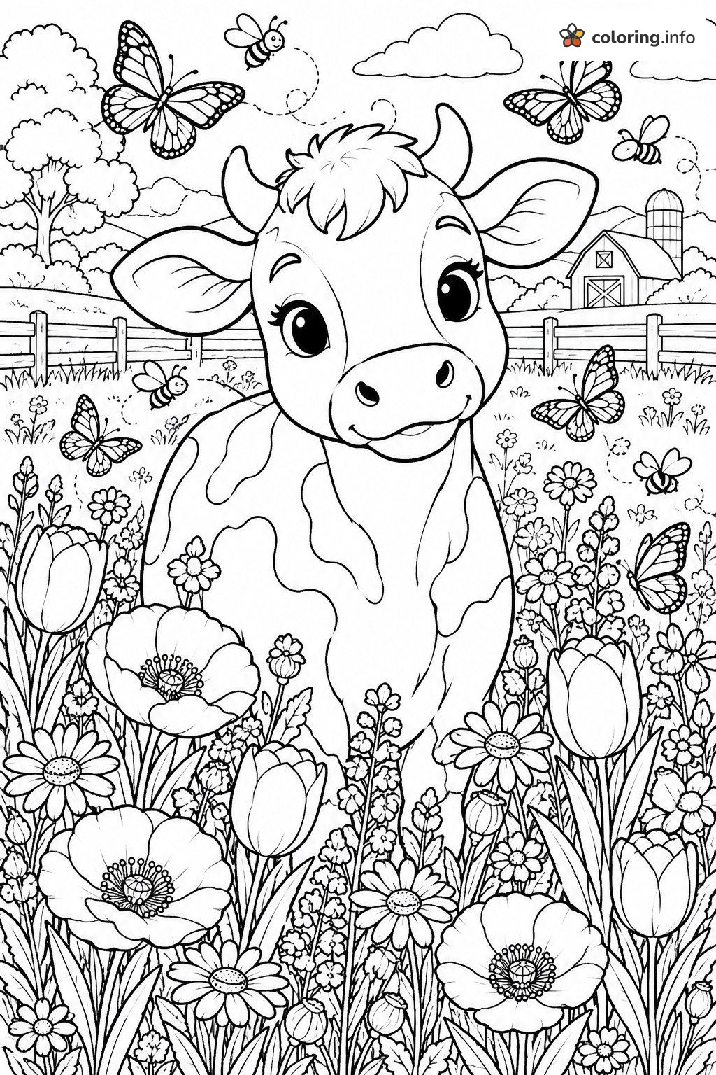 Peeking Cow in a Spring Flower Meadow coloring page Peeking Cow in a Spring Flower Meadow coloring page