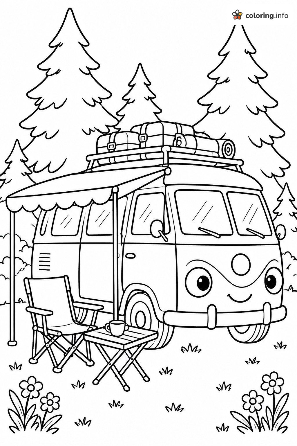 Friendly Camper Van for Camping Days with Awning and Chair coloring page Friendly Camper Van for Camping Days with Awning and Chair coloring page