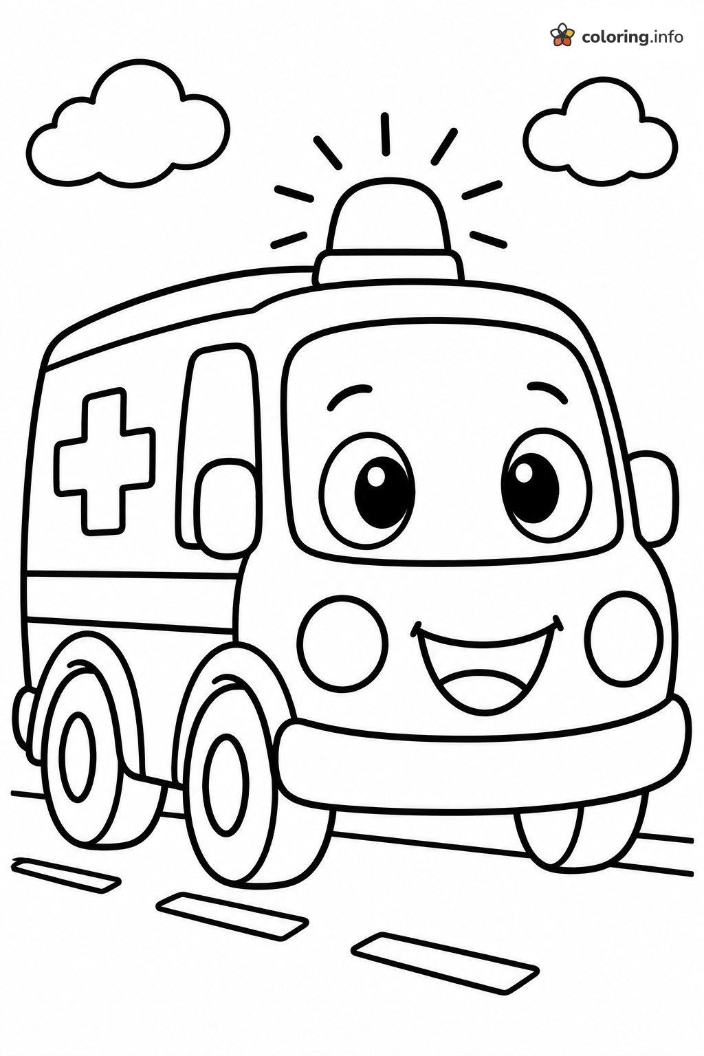 Happy Cartoon Ambulance Rolling Down the Road coloring page Happy Cartoon Ambulance Rolling Down the Road coloring page