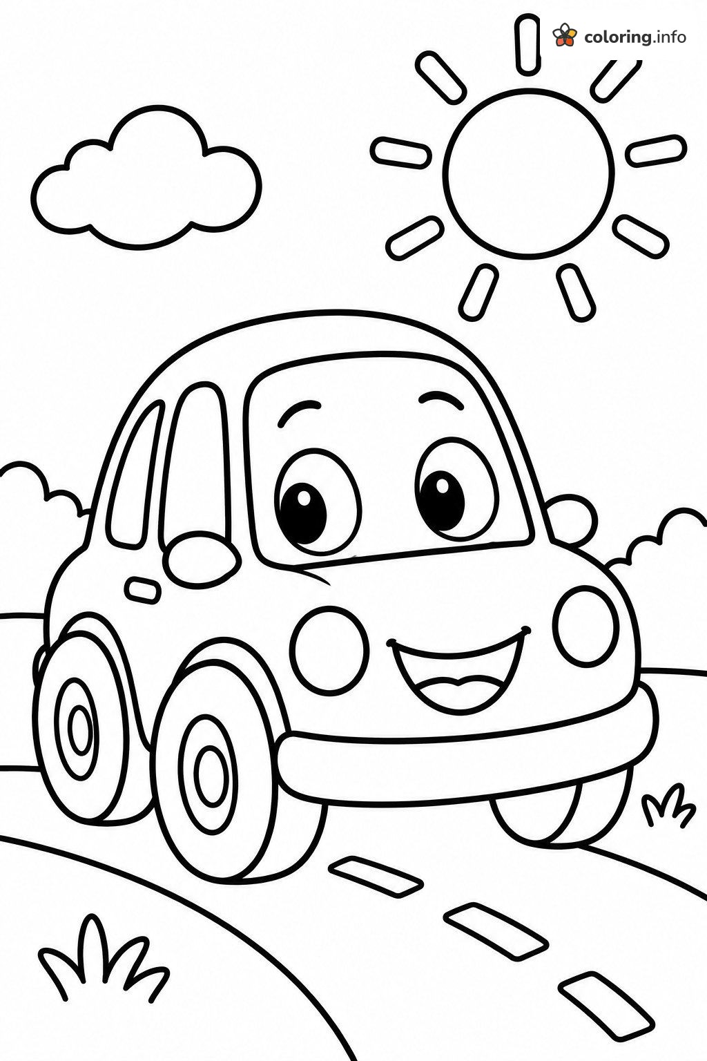 Happy Car Cruising Along a Sunny Road coloring sheet Happy Car Cruising Along a Sunny Road coloring sheet