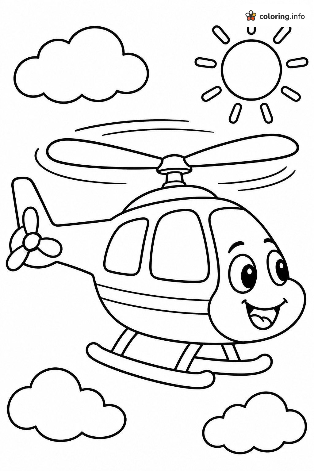 Happy Cartoon Helicopter with Sun and Clouds coloring page Happy Cartoon Helicopter with Sun and Clouds coloring page