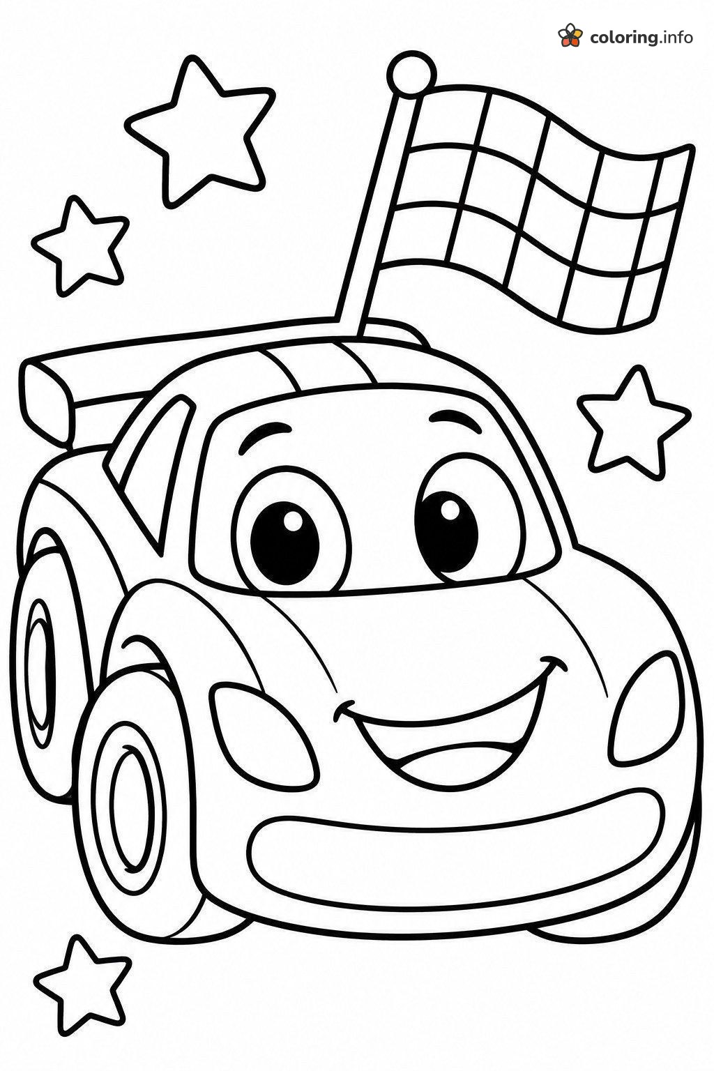 Happy Race Car with Flag and Five Stars coloring page Happy Race Car with Flag and Five Stars coloring page