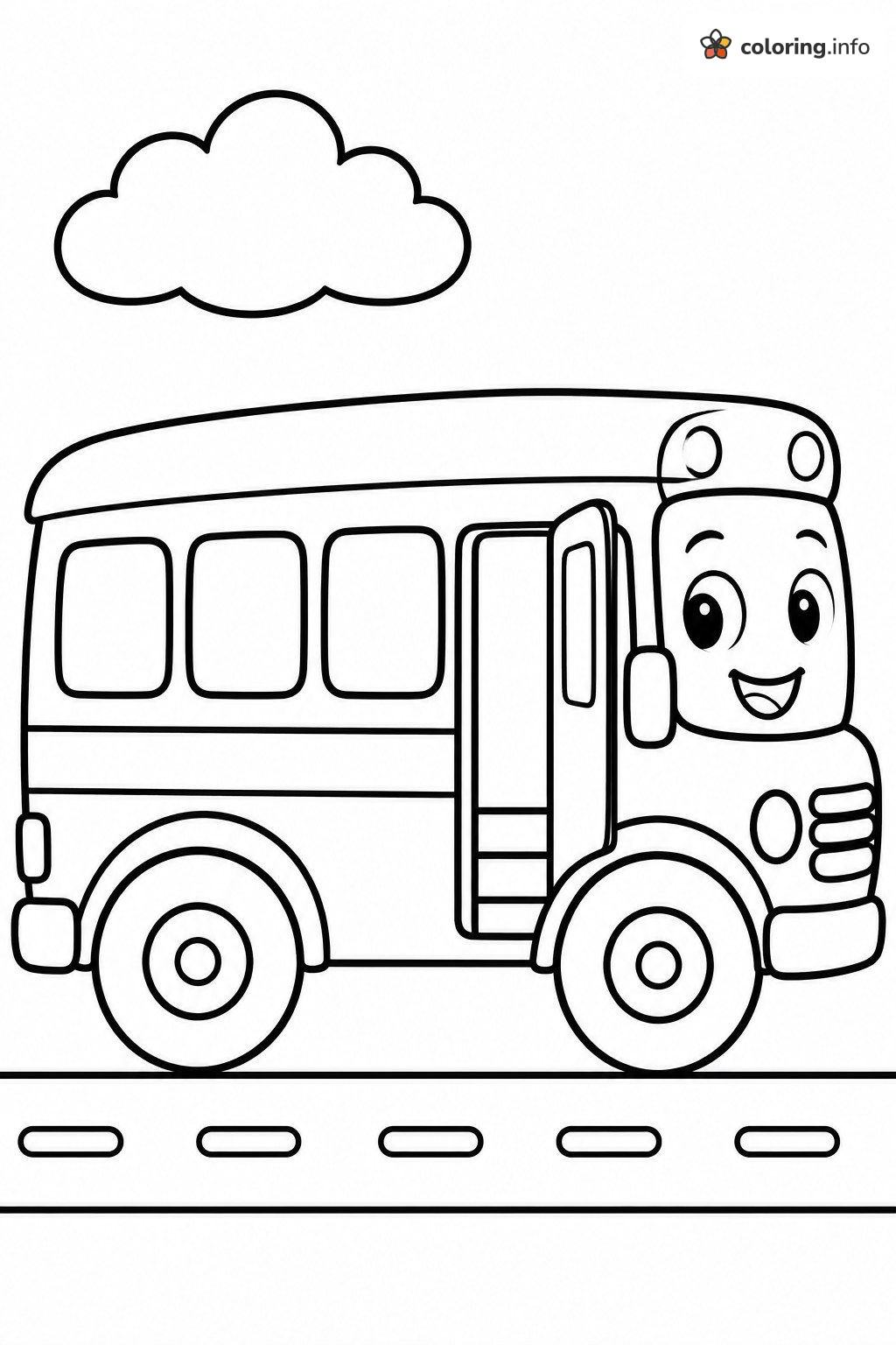 Grinning Cartoon School Bus on a Dashed-Line Road coloring sheet Grinning Cartoon School Bus on a Dashed-Line Road coloring sheet